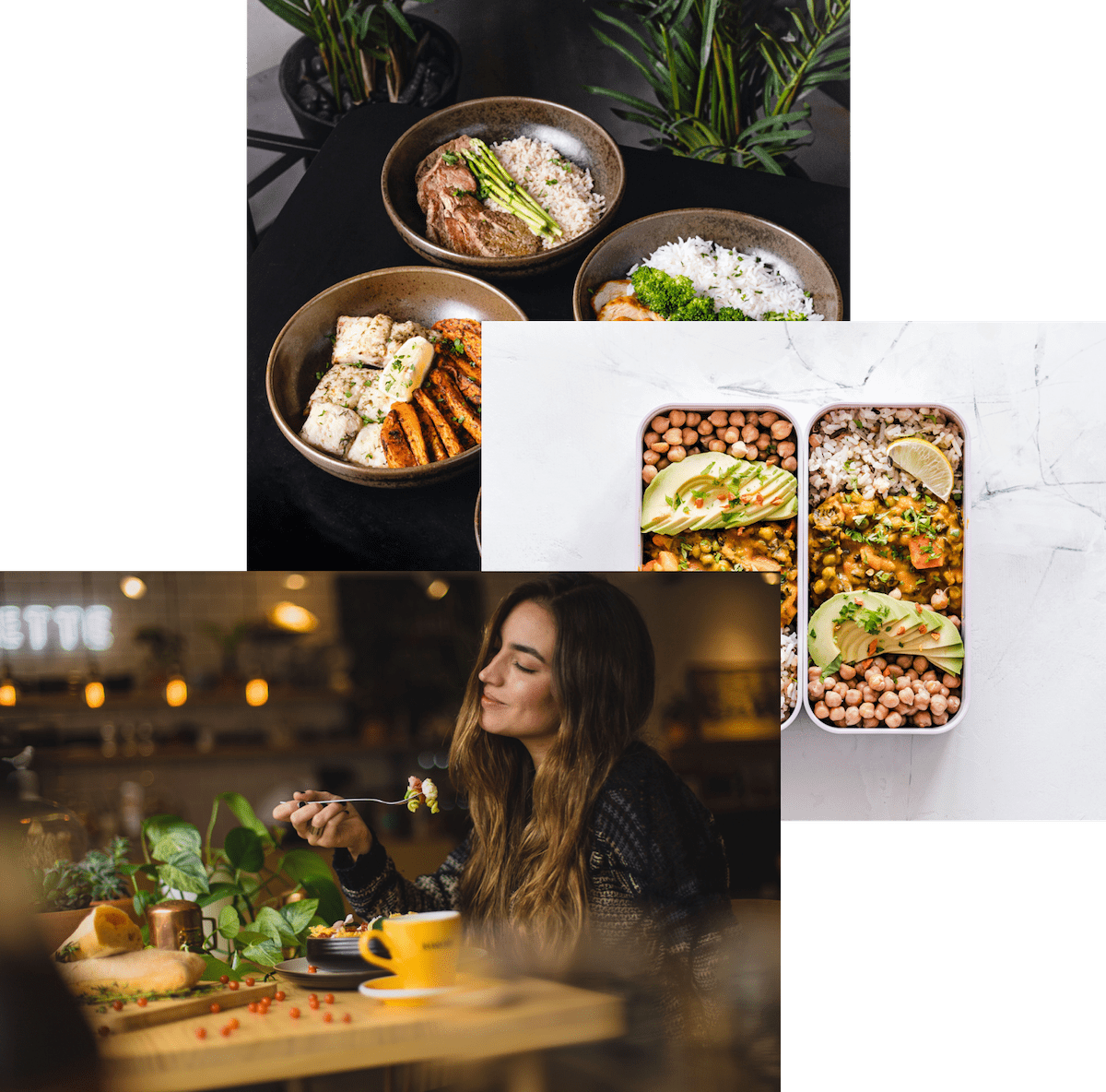 Woman enjoying food,
meals in storage container, and food bowls on a table